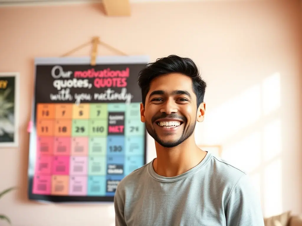 A person is looking at a motivational quotes calendar, with a smile on their face, feeling inspired and ready to tackle the day with a positive mindset.